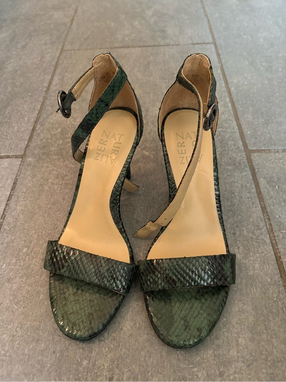 Naturalizer Green Snake-Embossed Open-Toe Heels